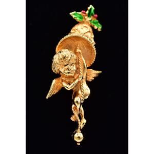 Corel Vintage Angel Cupid Pin Brooch Bell Gold Tone Holly Berry Signed BinAH